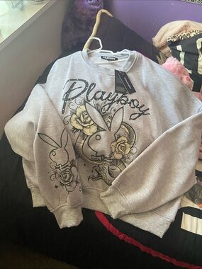 PLAYBOY Gray Sweatshirt with Bunny Graphic and Yellow Rose Accents